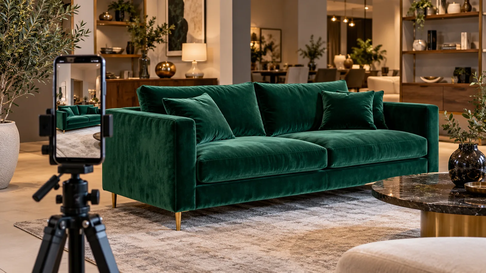 Showroom de mobilier cu canapea din catifea verde fotografiată cu un telefon pe trepied